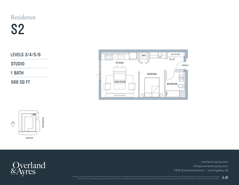 A floor plan for a residence labeled S2 shows a studio with one bath and a total size of 566 square feet.